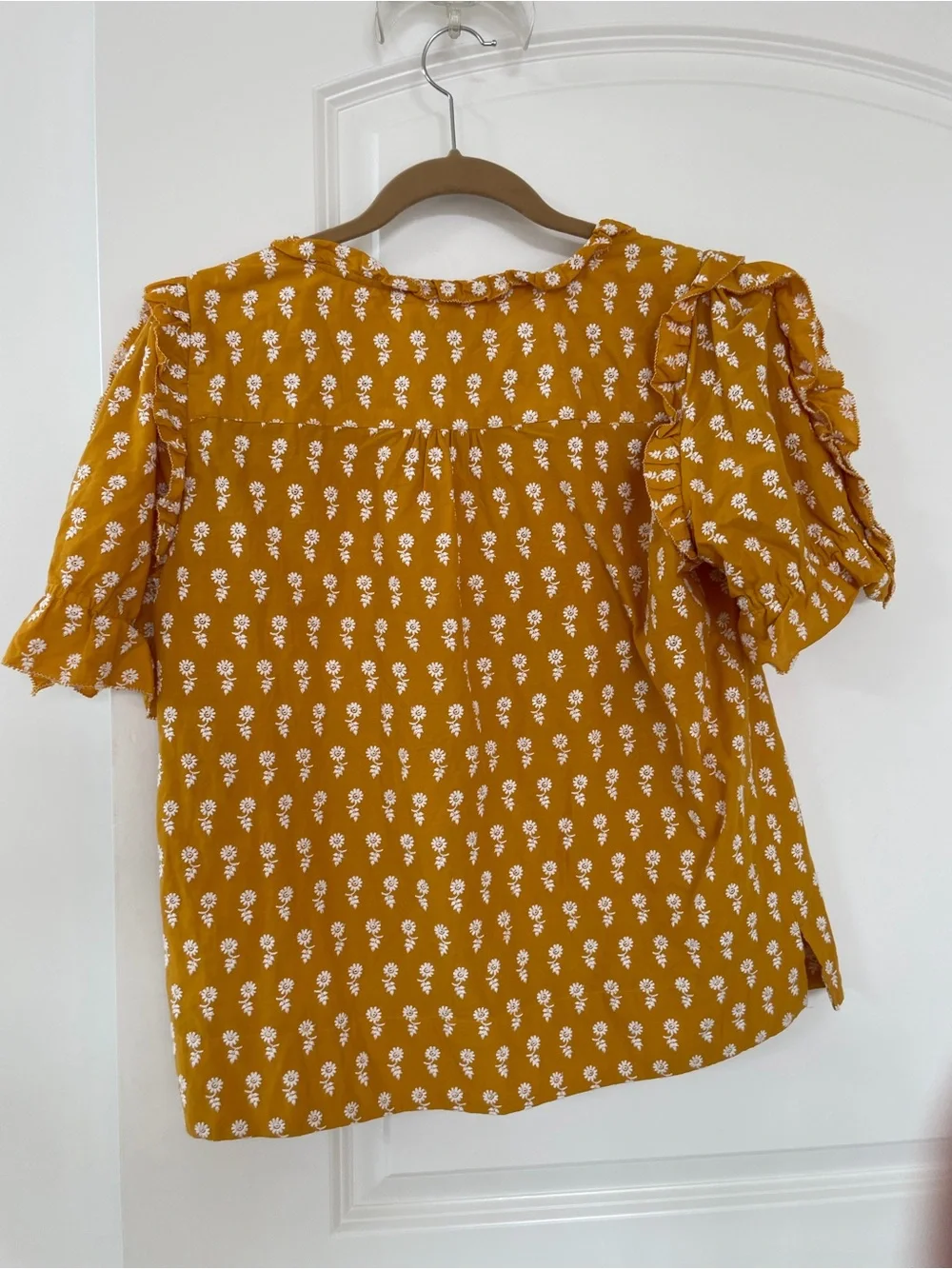 J. Crew Mustard Yellow Floral Ruffle Sleeve Blouse
